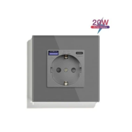 Умная встроенная WiFi розетка 20W с USB и Type-C (A+C) с заземлением и защитными шторками CORKER в стеклянной рамке (Алиса, Маруся, Smart life) / серый