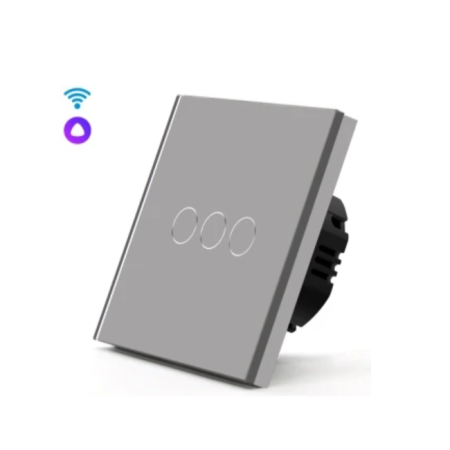 Умный сенсорный WiFi выключатель CORKER трехклавишный 600 Вт / стекло/ с нулем. Работает с Алисой и Smart life / серый