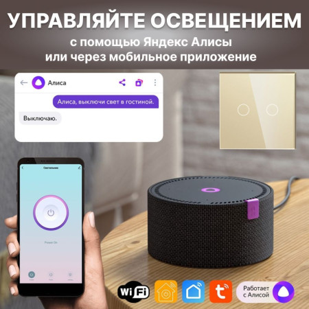 Умный сенсорный WiFi выключатель CORKER двухклавишный 1000 Вт / стекло / золотой. Работает с Алисой и Smart life