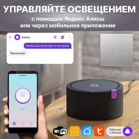 Умный сенсорный WiFi выключатель CORKER двухклавишный 600 Вт / стекло / серый. Работает с Алисой и Smart life