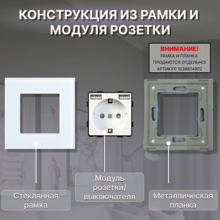 Розетка CORKER с двумя USB с заземлением и защитными шторками, без рамки / белый