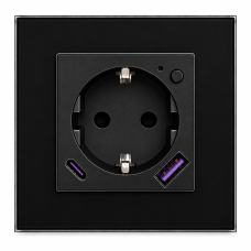 Умная встроенная WiFi розетка 20W с USB и Type-C (A+C) с заземлением и защитными шторками CORKER в стеклянной рамке (Алиса, Маруся, Smart life) / черный