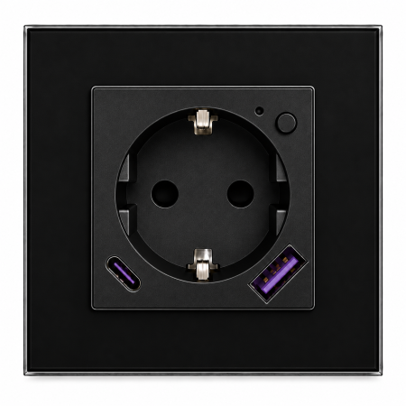 Умная встроенная WiFi розетка 20W с USB и Type-C (A+C) с заземлением и защитными шторками CORKER в стеклянной рамке (Алиса, Маруся, Smart life) / черный