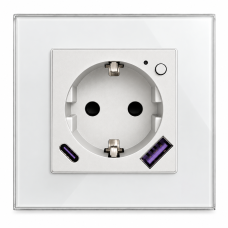 Умная встроенная WiFi розетка 20W с USB и Type-C (A+C) с заземлением и защитными шторками CORKER в стеклянной рамке (Алиса, Маруся, Smart life) / белый