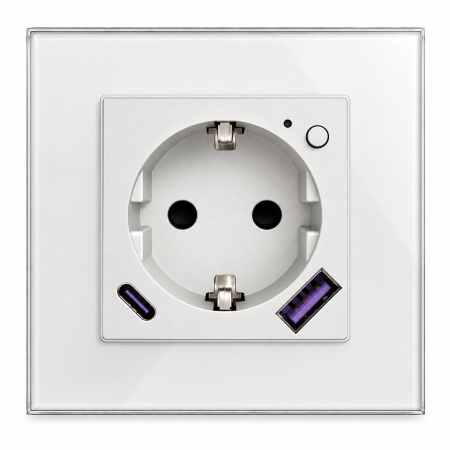 Умная встроенная WiFi розетка 20W с USB и Type-C (A+C) с заземлением и защитными шторками CORKER в стеклянной рамке (Алиса, Маруся, Smart life) / белый