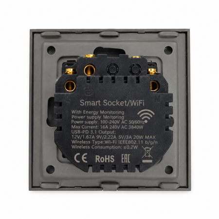 Умная встроенная WiFi розетка 20W с USB и Type-C (A+C) с заземлением и защитными шторками CORKER в стеклянной рамке (Алиса, Маруся, Smart life) / серый